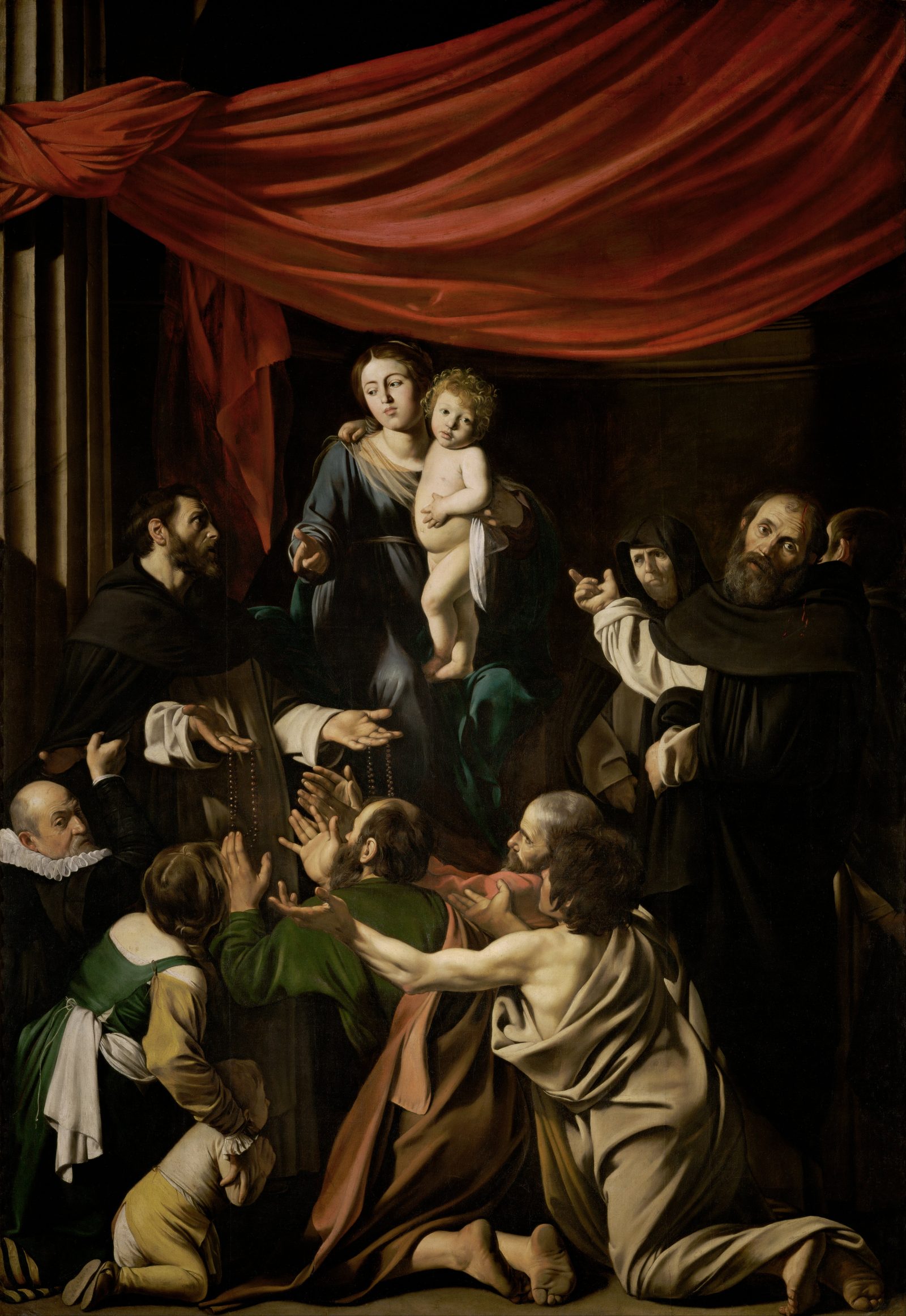 Caravaggio's Madonna of the Rosary - the Blessed Virgin holding the Child Jesus above Saint Dominic, who hands rosaries down to the kneeling faithful.
