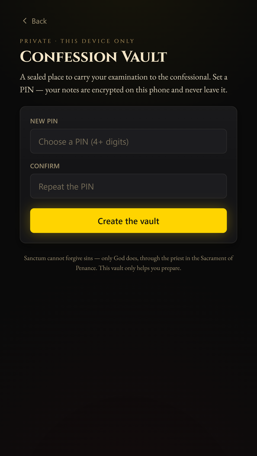 The Confession Vault lock screen — private, this device only. A new PIN protects notes that are encrypted on the phone and never leave it.