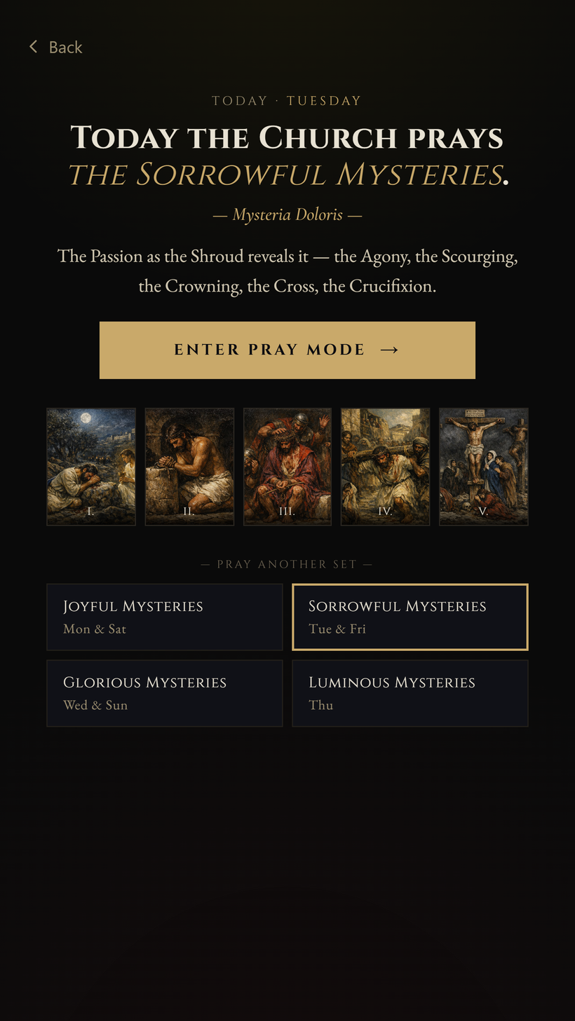The Visual Rosary, aware of the liturgical day — today the Church prays the Sorrowful Mysteries, shown in five Caravaggio-register paintings.