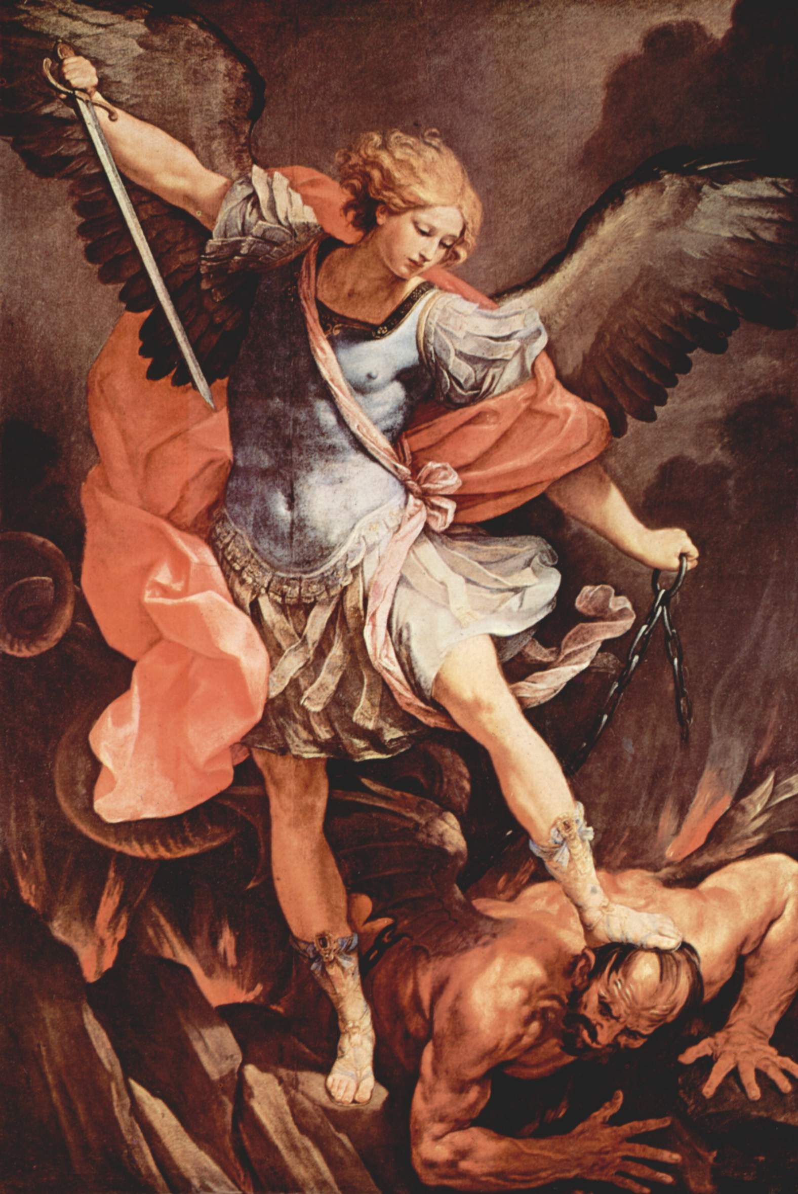 Guido Reni's Saint Michael the Archangel, sword raised, standing over the vanquished devil.