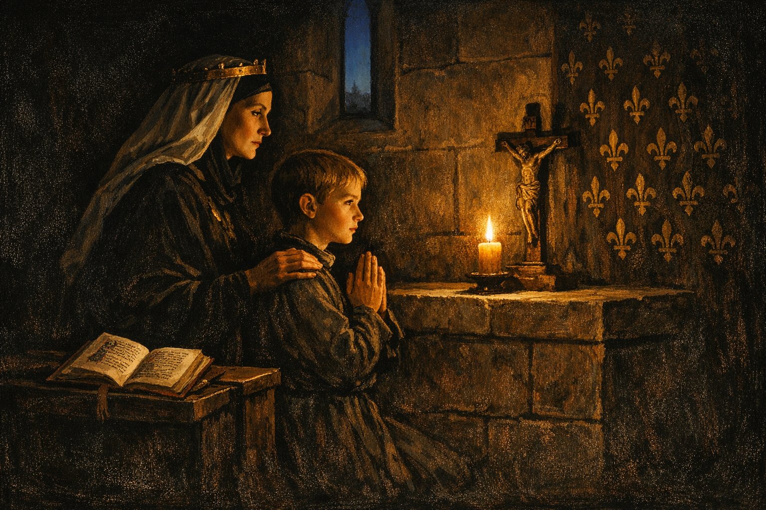 Blanche of Castile, queen-regent of France in widow's veil and royal circlet, kneels beside her young son the future Saint Louis IX in a candlelit royal chapel — her hand on his shoulder as he prays before a small wooden crucifix on a stone altar — sacred art for Sanctum Dispatch #03 on Mother's Day.