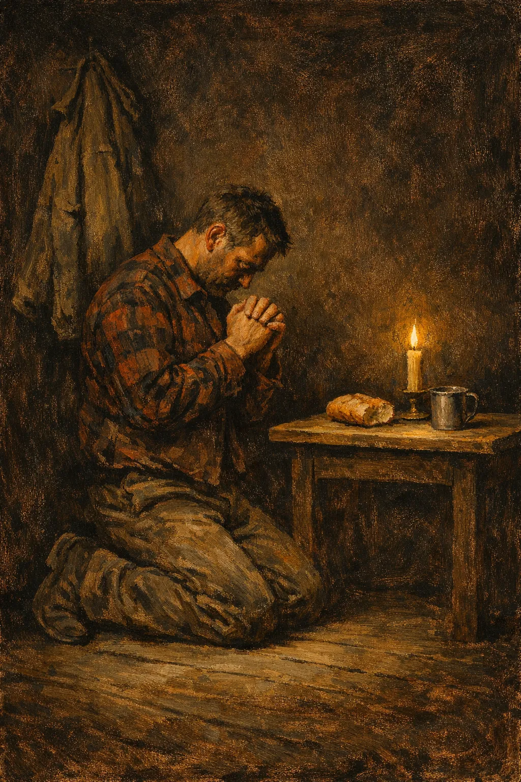 A working man in his forties kneeling on a bare wooden floor before a low table holding one crust of bread, a tin cup and a lit candle, his work coat hung on a nail behind him.