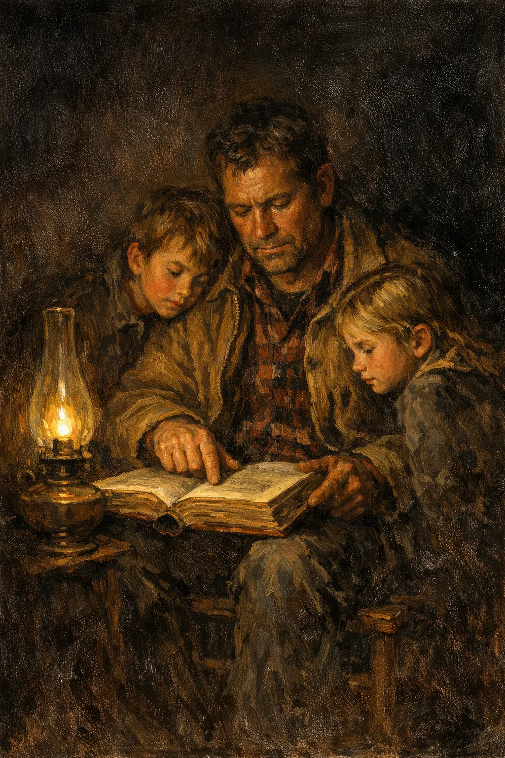 A father in his forties reading from a large open book by the light of an oil lamp, a young son and daughter leaning in against him on either side.