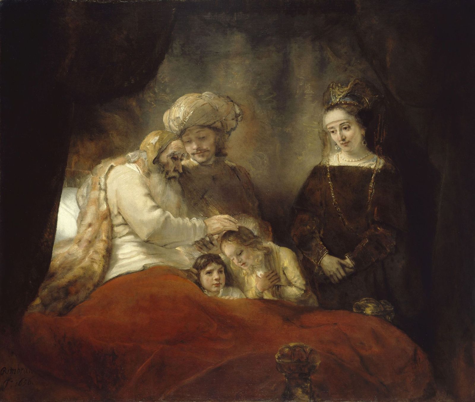 Rembrandt, Jacob Blessing the Sons of Joseph (1656): an old father blessing his grandsons