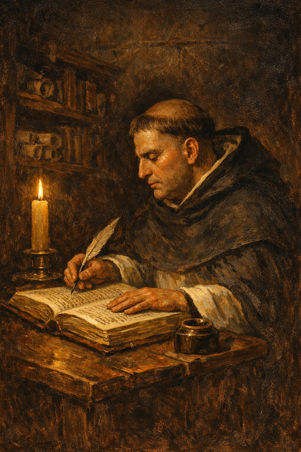 A Dominican friar writing with a quill by candlelight, an open manuscript and inkwell on a worn oak desk before a shelf of bound books.