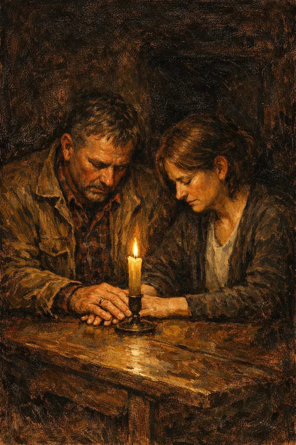 A husband and wife in their forties seated together at a plain wooden table by the light of one candle, heads bowed and hands resting side by side beside the flame.