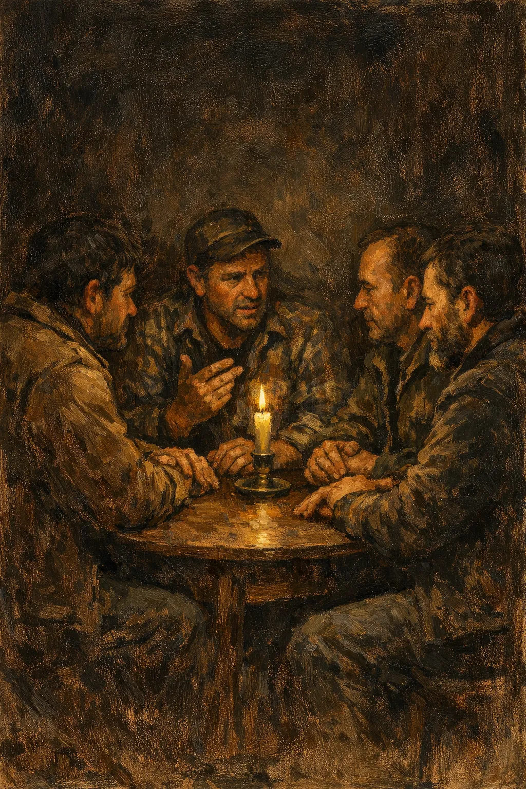 Four working men in their forties seated close around a small round table lit by a single candle, one speaking while the other three listen.