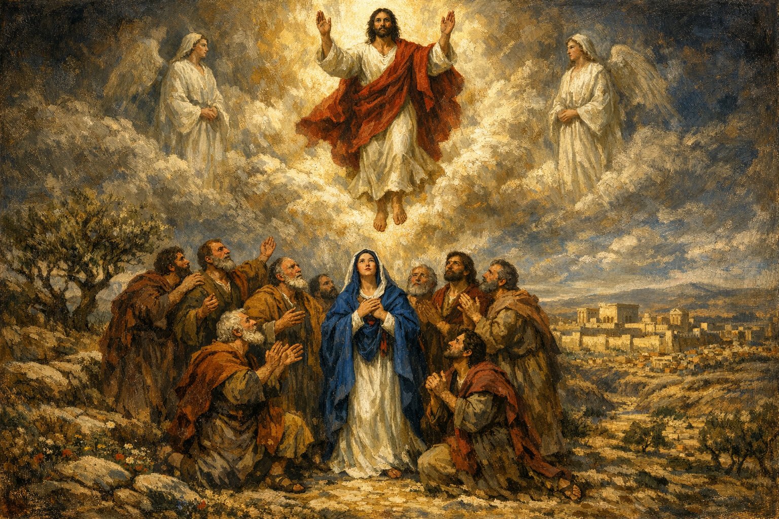 The Risen Christ ascending into heaven from the Mount of Olives, hands raised in blessing, the Blessed Virgin Mary central among the Eleven Apostles below, two angels in white apparel flanking, Jerusalem in the western distance — sacred art for the Second Glorious Mystery.