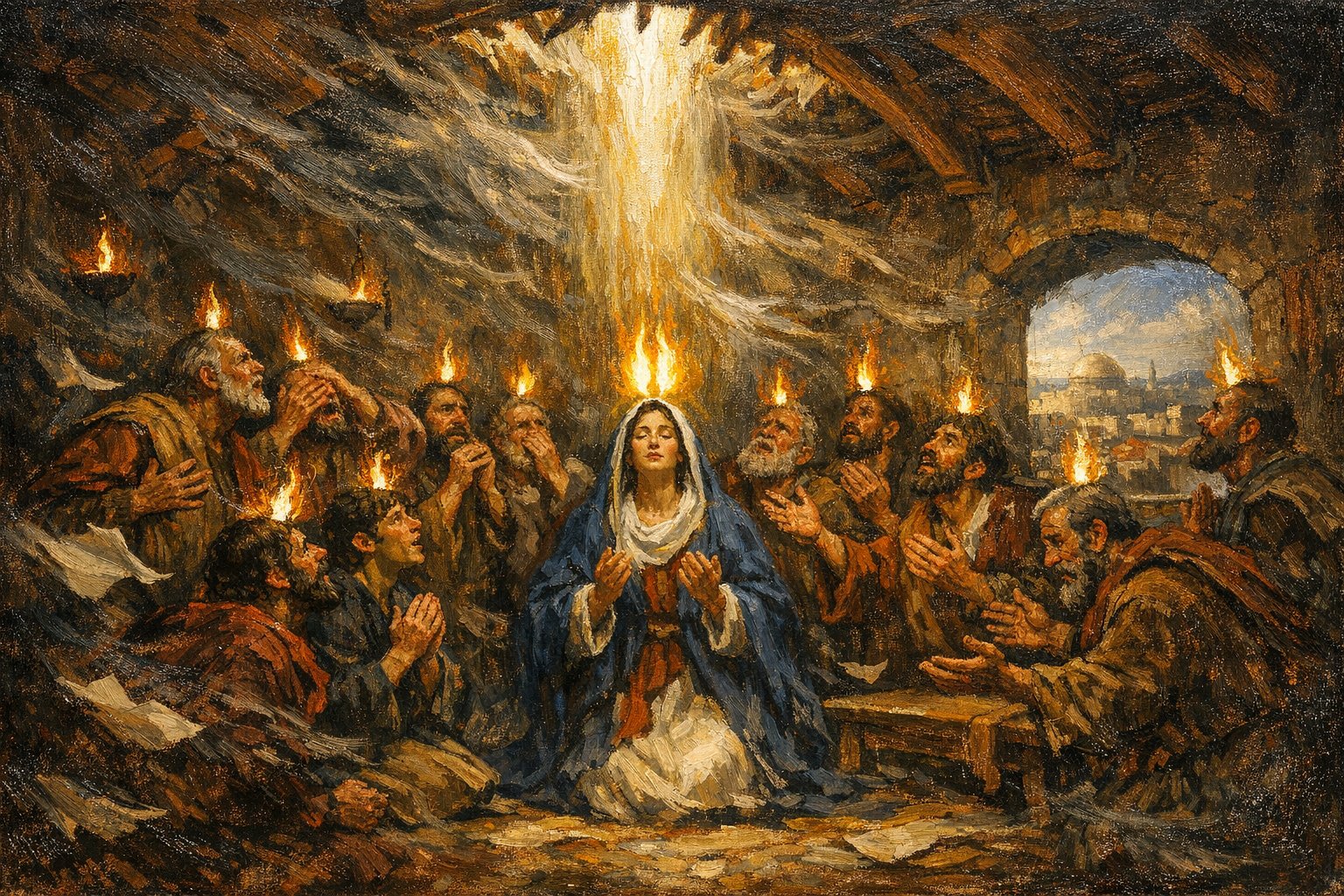 Pentecost in the Upper Room — the Blessed Virgin Mary kneeling at center surrounded by the Twelve Apostles, cloven tongues of flame above each, a column of divine light descending from the parted ceiling, Jerusalem visible through the arched window — sacred art for the Third Glorious Mystery.