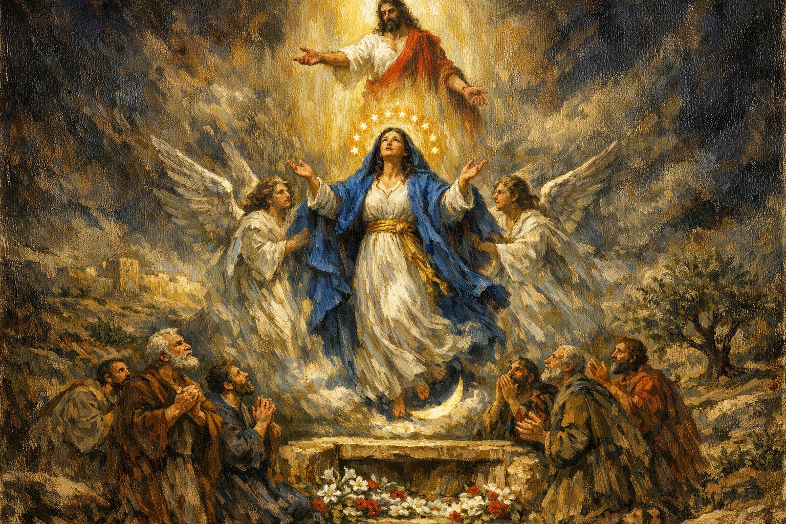 The Assumption of the Blessed Virgin Mary — Mary rising body and soul into heavenly glory, supported by angels of light, the Risen Christ above reaching down in welcome, the apostles around her empty tomb filled with white lilies and red roses below — sacred art for the Fourth Glorious Mystery.