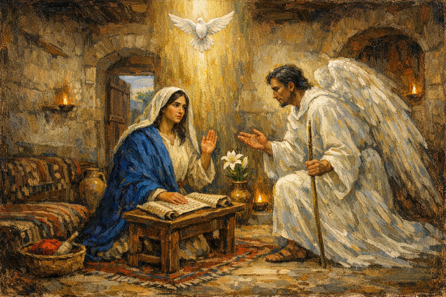 The angel Gabriel announcing to the Blessed Virgin Mary in her humble Nazareth home that she will conceive and bear the Son of God, the Holy Spirit descending as a dove in a column of divine light — sacred art for the First Joyful Mystery.