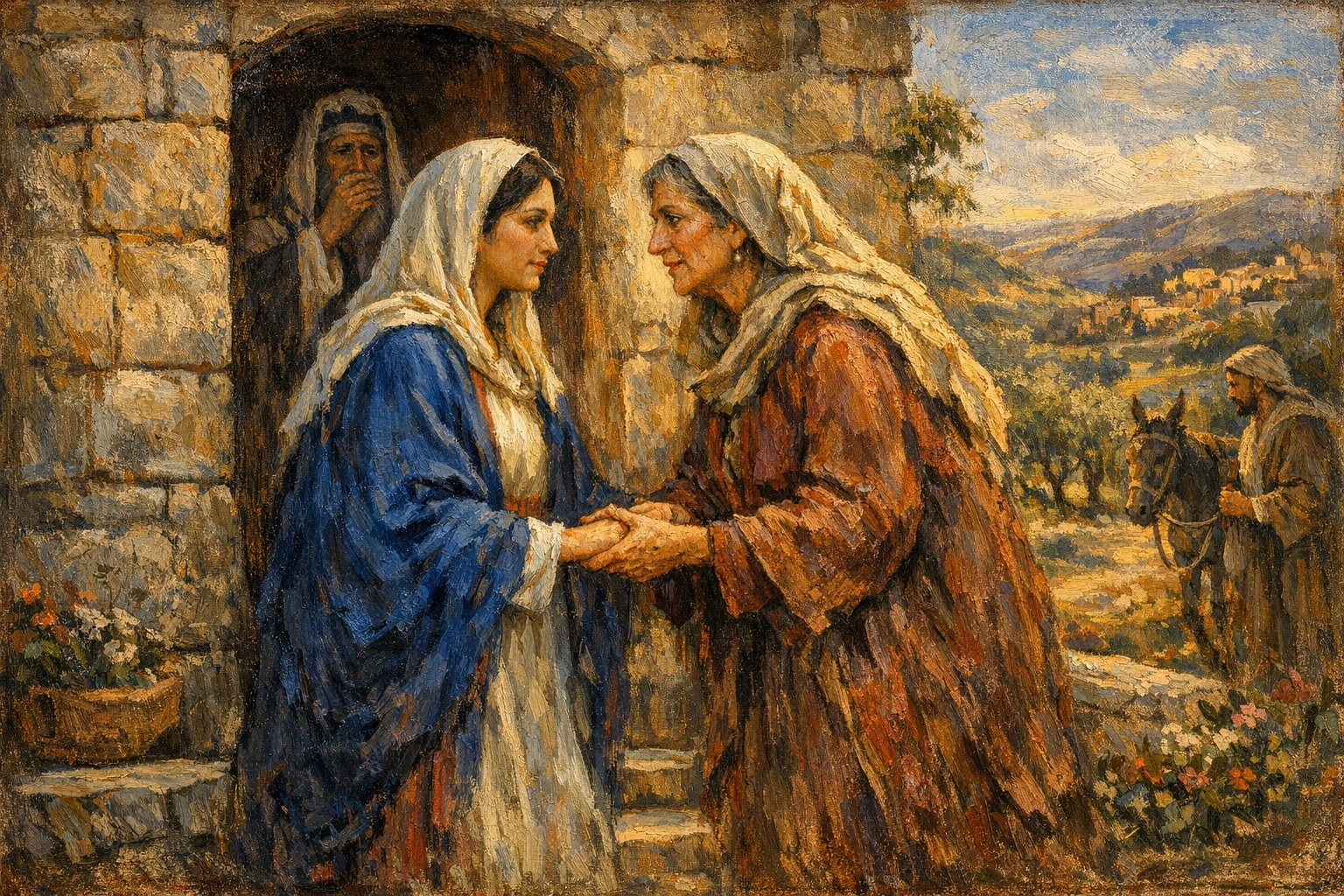 The Blessed Virgin Mary at the threshold of her cousin Elizabeth's home in the hill country of Judah, the moment of recognition as the unborn John the Baptist leaps in his mother's womb — sacred art for the Second Joyful Mystery.