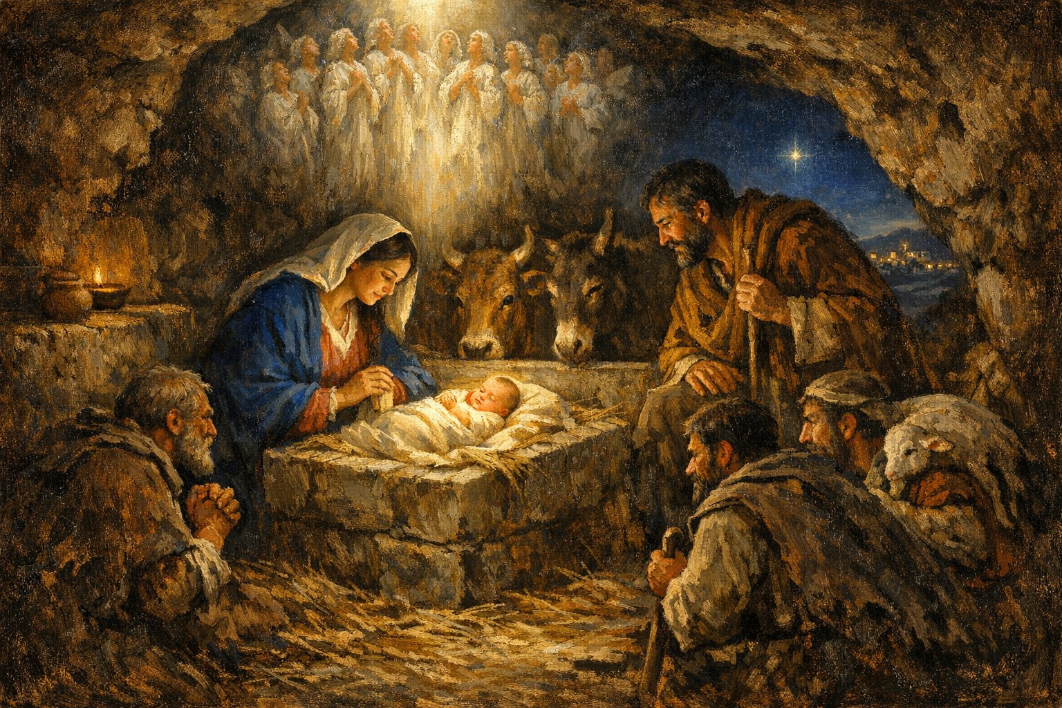 The Nativity of Our Lord in the Bethlehem cave-stable, the newborn Christ Child swaddled in the stone manger as the light source of the scene, the Blessed Virgin Mary in adoration, Saint Joseph in protective watch, the ox and the ass at the manger, Judean shepherds approaching, the angelic host above — sacred art for the Third Joyful Mystery.