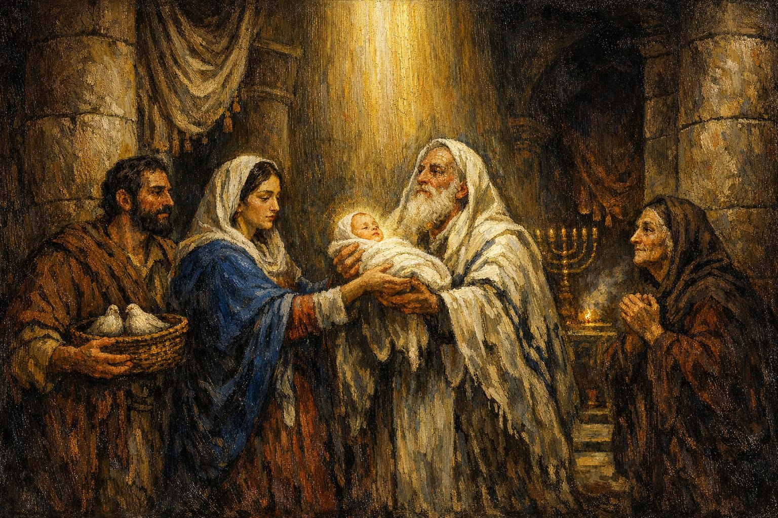 The Presentation of the infant Christ in the Temple at Jerusalem, the old prophet Simeon receiving the forty-day-old Child from the Blessed Virgin Mary, Joseph beside her holding the offering of two turtledoves, the prophetess Anna in her widow's garb in praise — sacred art for the Fourth Joyful Mystery.