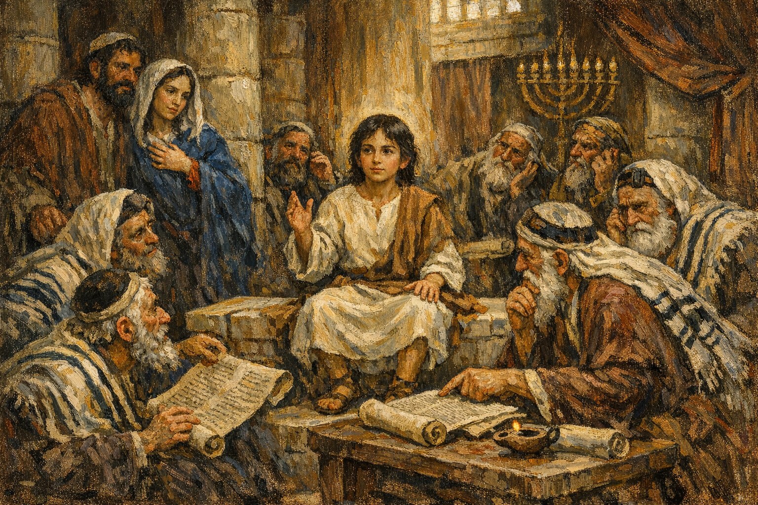 The twelve-year-old Christ in the Temple courts at Jerusalem, seated among the doctors of the Law in the act of teaching and being questioned, his Mother and Joseph entering at the side after three days of searching — sacred art for the Fifth Joyful Mystery.