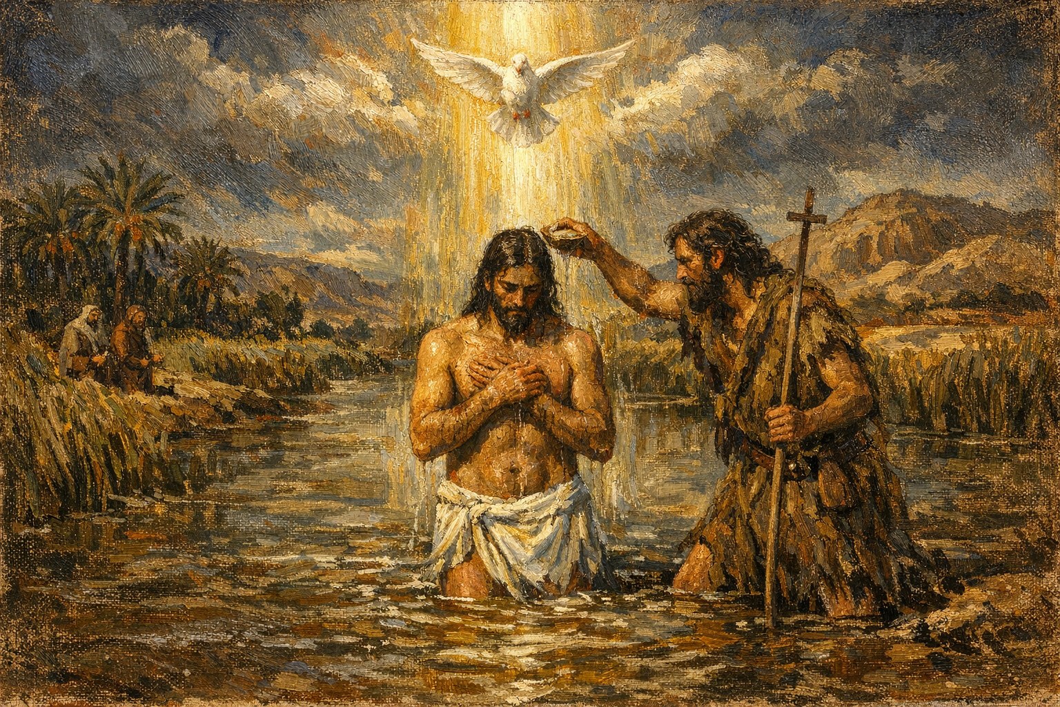 The Baptism of the Lord at the Jordan River — Christ standing in the Jordan, John the Baptist on the bank pouring water, the Holy Spirit descending as a luminous dove in a column of divine light from the parted heavens — sacred art for the First Luminous Mystery.