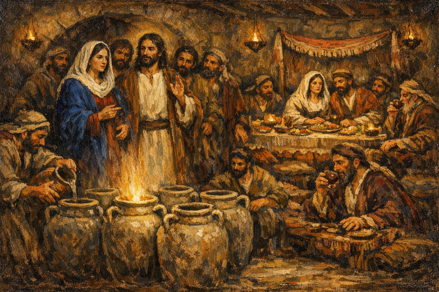 The Wedding at Cana in Galilee — the Blessed Virgin Mary directing the servants, Christ at her side at the festive table, the six stone water-pots in the foreground in the moment of the first miracle — sacred art for the Second Luminous Mystery.