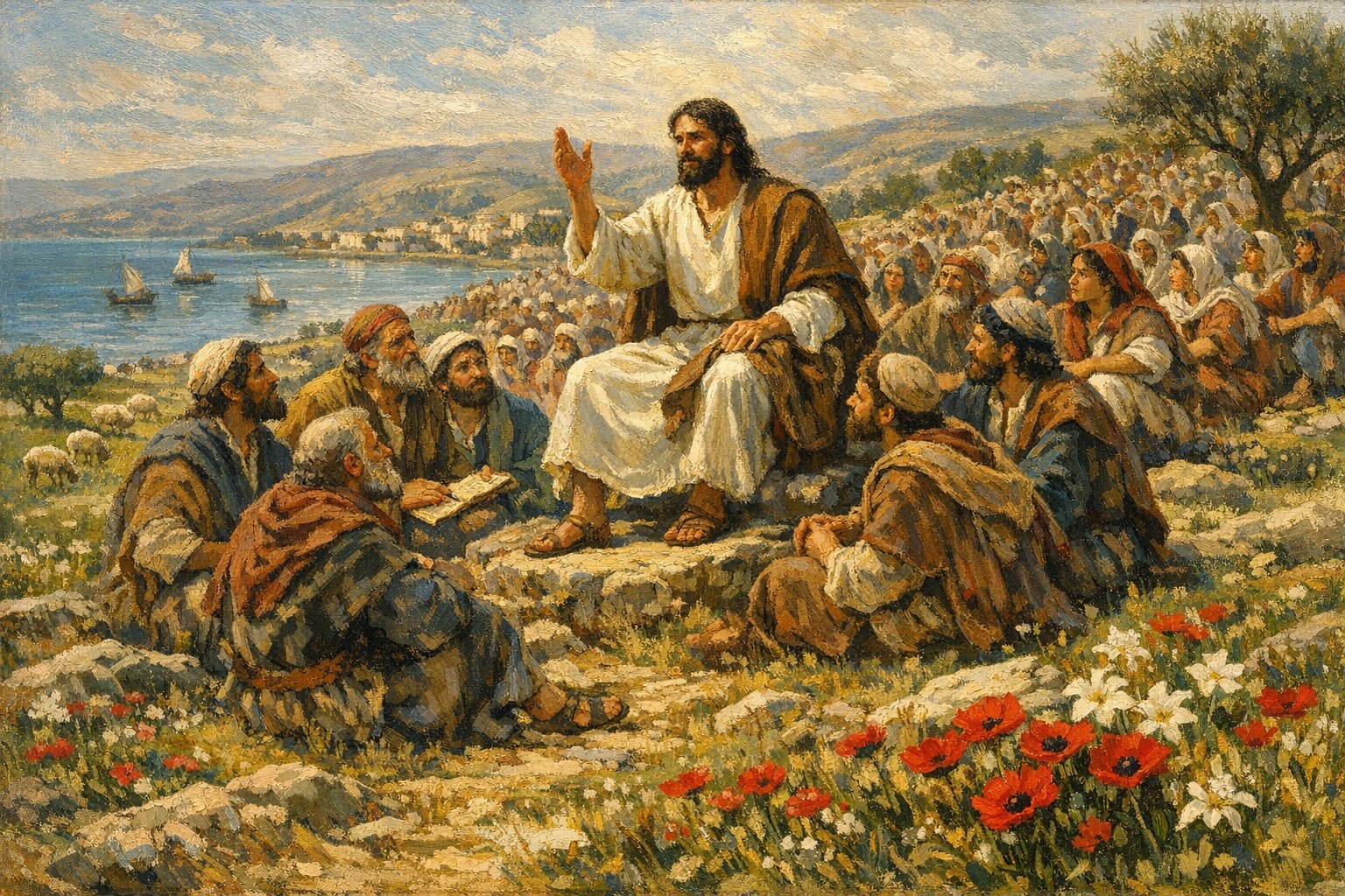 Christ teaching seated on the Mount of Beatitudes above the Sea of Galilee, the Twelve Apostles around him, the multitudes on the slopes listening, Capernaum visible on the shore — sacred art for the Third Luminous Mystery.