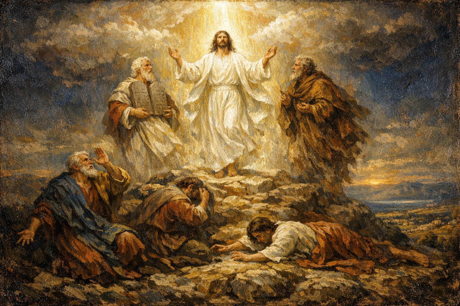 The Transfiguration of Our Lord on Mount Tabor — Christ luminous with the uncreated Tabor light, Moses with the Tablets of the Law and Elijah with the prophet's mantle at his sides, Peter, James, and John fallen below in awe, the Shekinah cloud above with the Father's voice — sacred art for the Fourth Luminous Mystery.