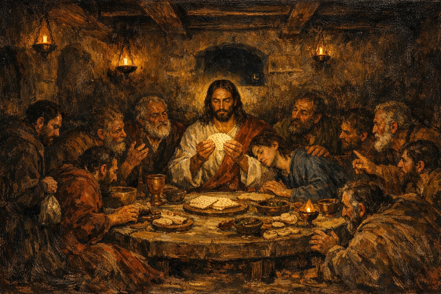 The Institution of the Eucharist at the Last Supper in the Cenacle, Christ at the central position of the table holding the unleavened bread and chalice, John the Beloved Disciple leaning on his bosom, Peter nearby, Judas distinct with the bag of silver, the Twelve Apostles around the table — sacred art for the Fifth Luminous Mystery.