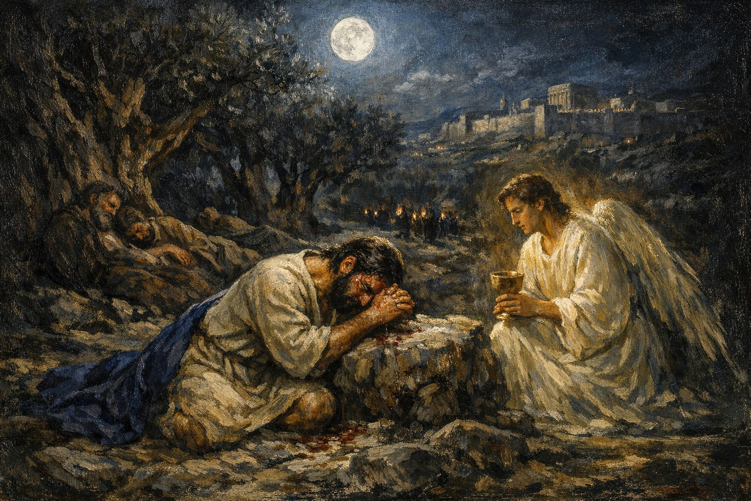 Christ kneeling alone in the Garden of Gethsemane on the night of Holy Thursday, sweating blood, the angel of comfort descending in light, the apostles asleep in the middle distance, the torch-bearing mob approaching from Jerusalem in the far distance — sacred art for the First Sorrowful Mystery.