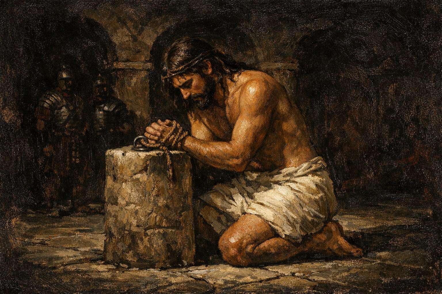 Christ bound by the wrists to a low stone pillar in the Praetorium courtyard, two Roman soldiers with flagra striking from either side, the body of the King torn for our healing in heavy chiaroscuro — sacred art for the Second Sorrowful Mystery.