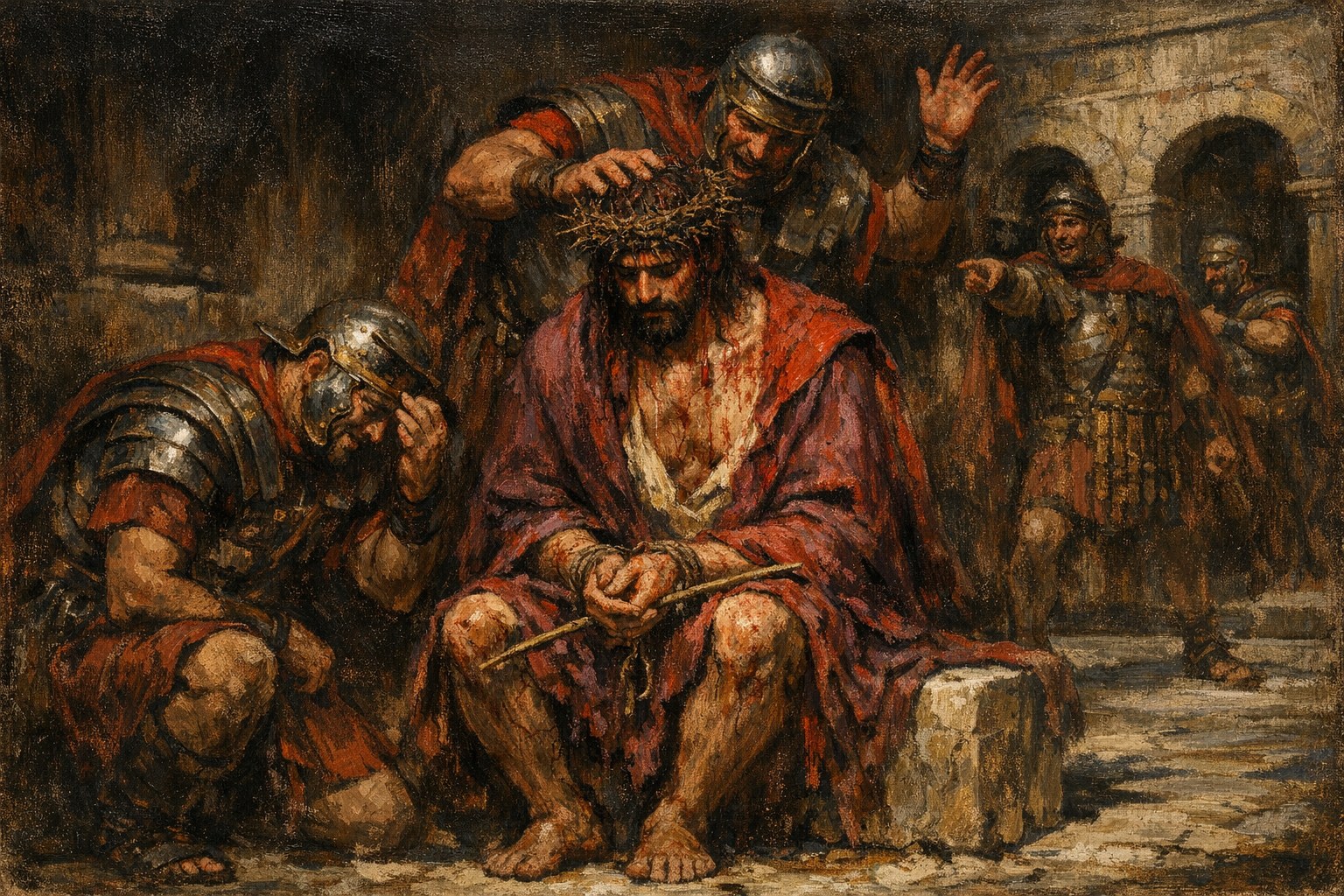 Christ seated on a low stone block in the Praetorium courtyard, draped in scarlet-toward-purple military cloak, a cap of thorns pressed onto the entire scalp, a reed in his right hand as mock-scepter, Roman soldiers around in mockery — sacred art for the Third Sorrowful Mystery.