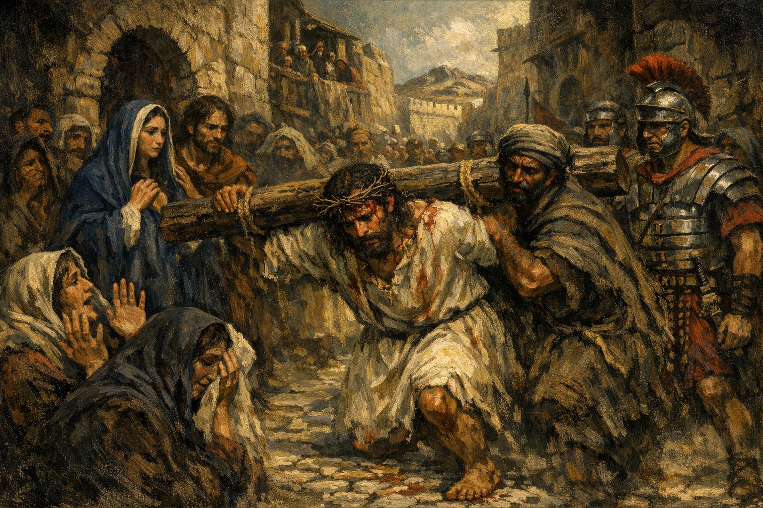 Christ bent under the patibulum on the Via Dolorosa through Jerusalem streets, Simon of Cyrene compelled to bear the rear of the crossbeam, the Blessed Virgin Mary standing in the crowd as the Mater Dolorosa, the women of Jerusalem weeping, Roman soldiers escorting — sacred art for the Fourth Sorrowful Mystery.