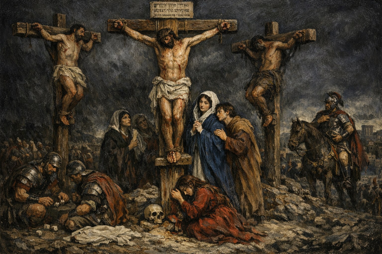 The Crucifixion at Golgotha — three crosses on a low rocky knoll, Christ central with the INRI titulus above, the Blessed Virgin Mary standing at the foot of the cross as the Stabat Mater, John the Beloved supporting her, Mary Magdalene at the base, the Roman centurion in mid-distance, supernatural darkness over the land — sacred art for the Fifth Sorrowful Mystery.