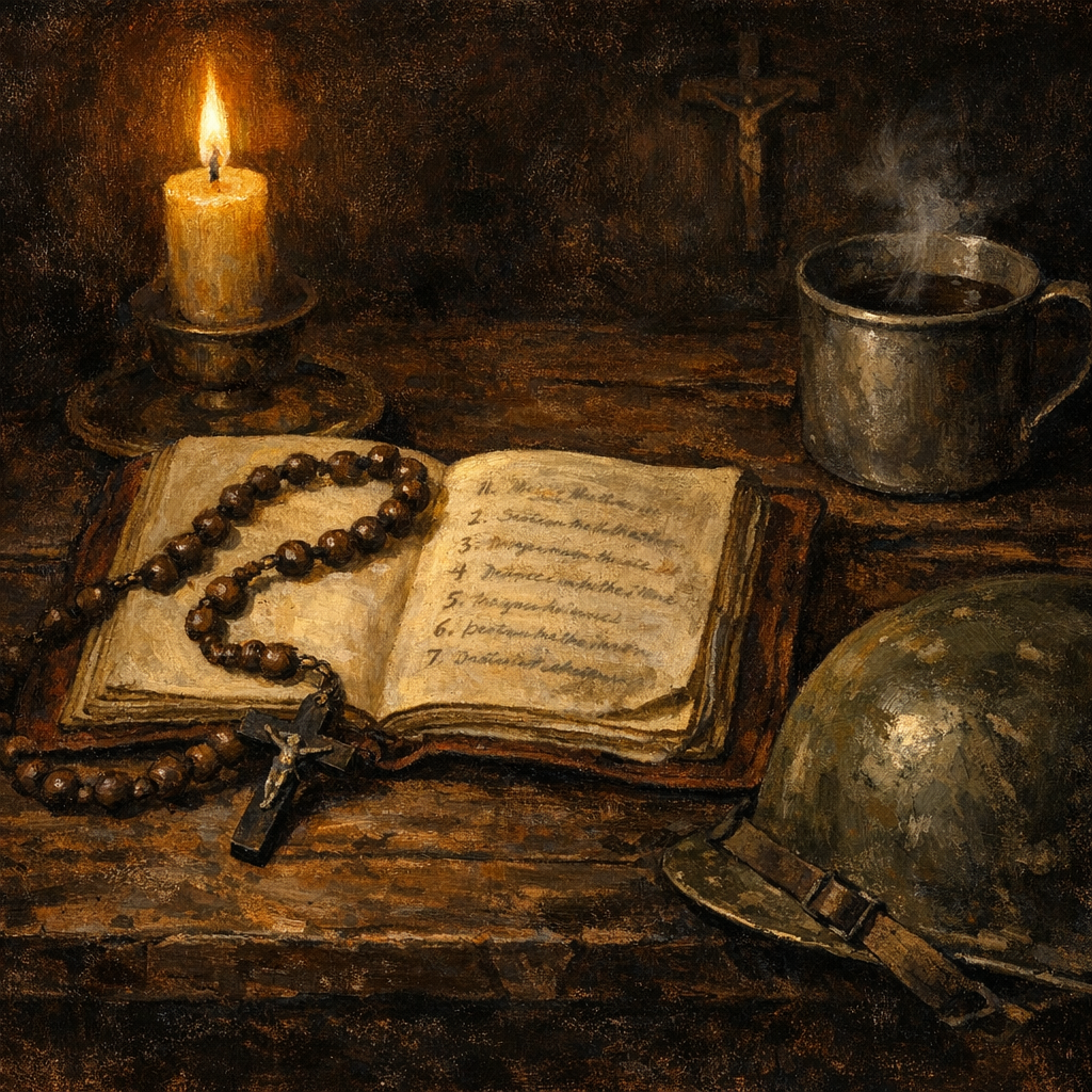 An open leatherbound Rule of Life field manual on a wooden table, a beeswax candle, a wooden Rosary, and a worn olive-drab military helmet in Caravaggio chiaroscuro.