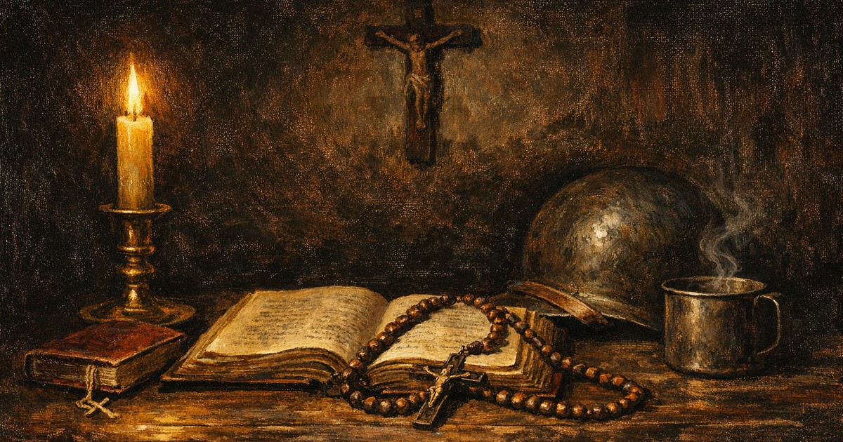 Caravaggio still life: a lit candle, an open field manual with a Catholic rosary draped across the pages, a US military steel helmet, a steaming tin cup, and a wood crucifix on the wall — the Catholic man's interior life.