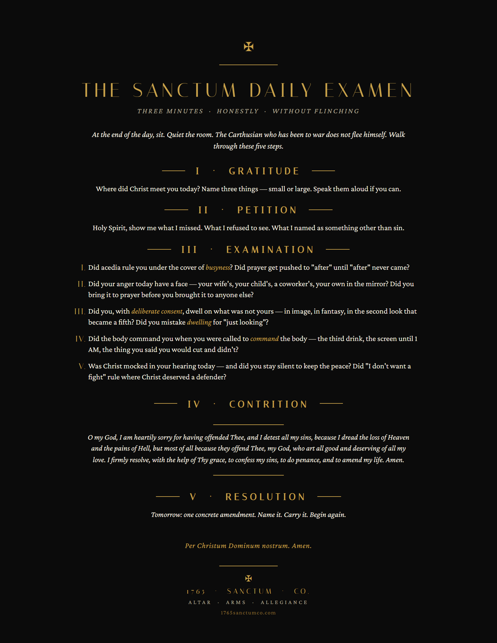 Preview of The Sanctum Daily Examen — a single-page printable card with title, five examen sections, the Act of Contrition, and the 1765 Sanctum mark.
